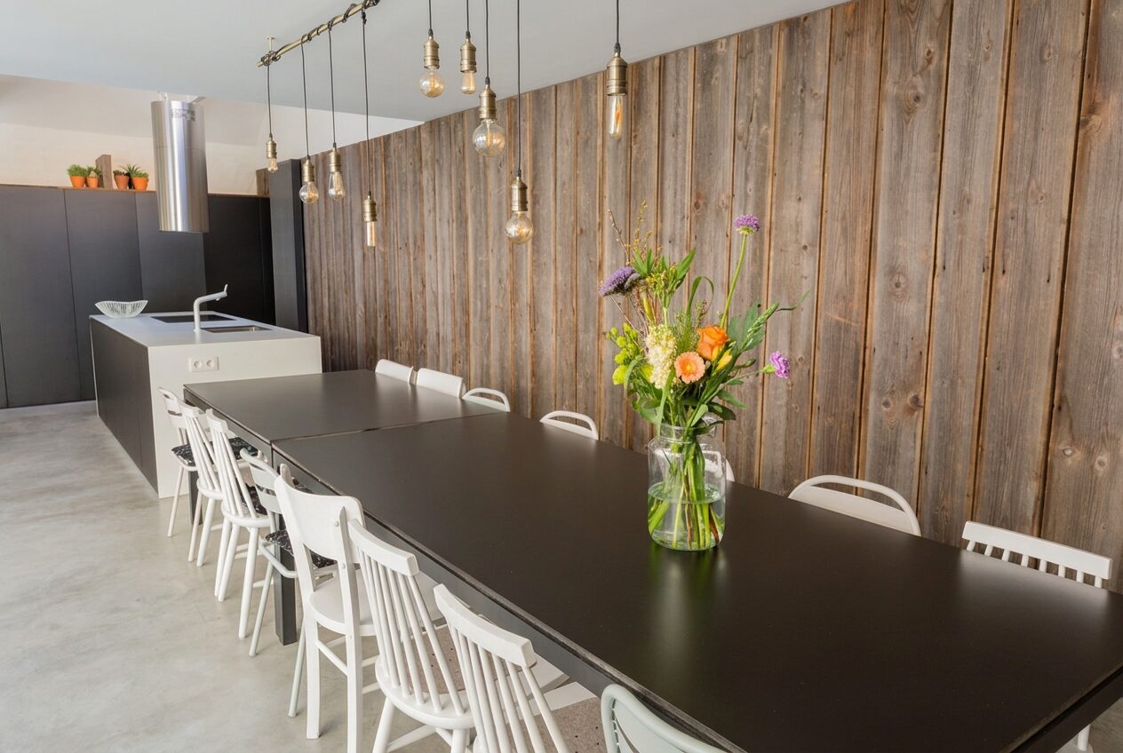 De ruime leef- en eetruimte van Maison Albert met lange tafel voor de hele groep