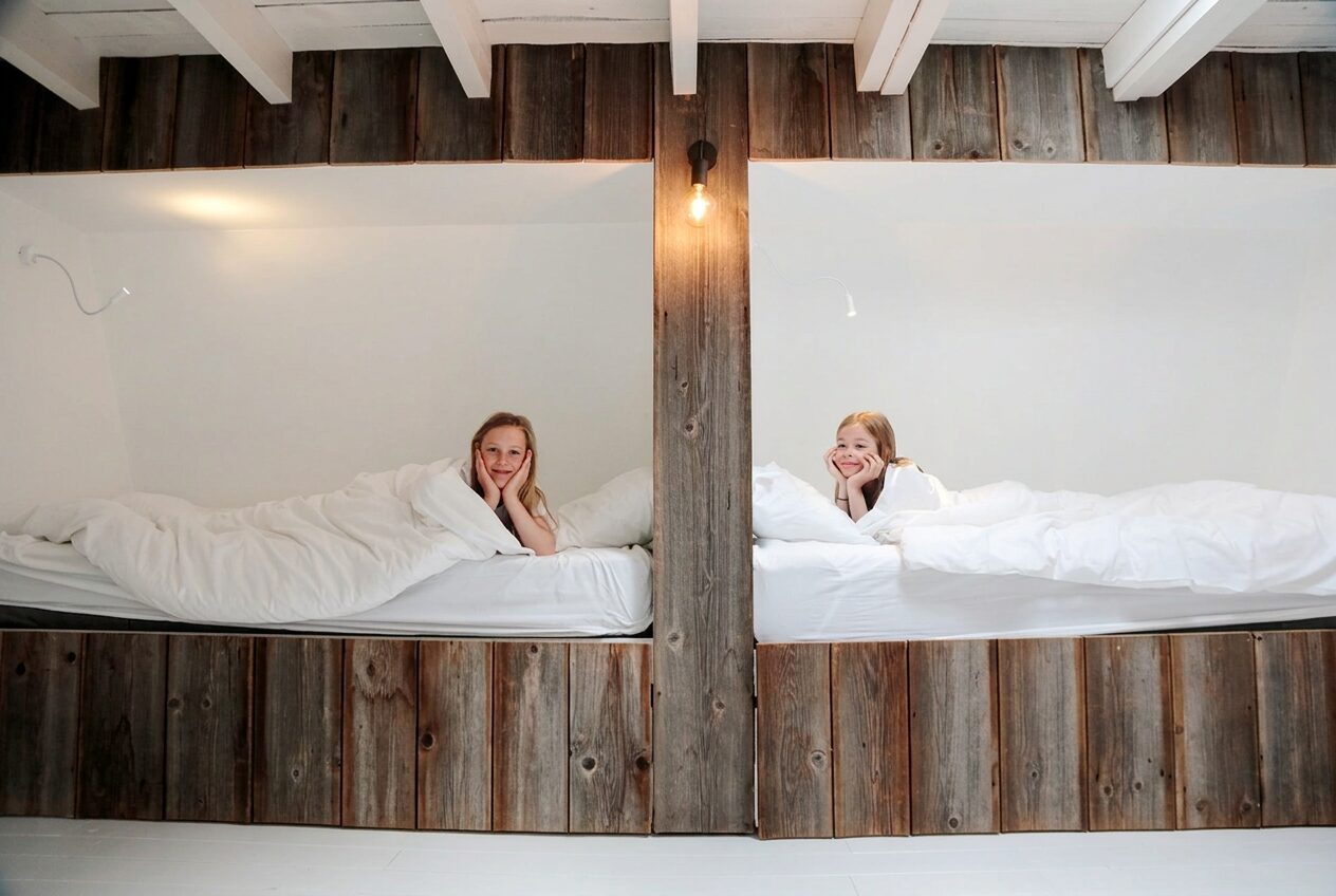 Kinderen in de houten kajuitbedden