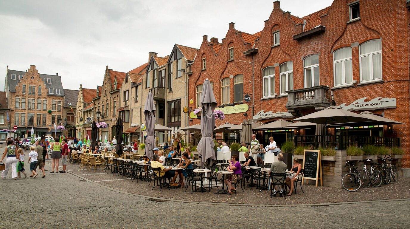 Het centrum van Nieuwpoort: terrasses en historische gevels rond de markt